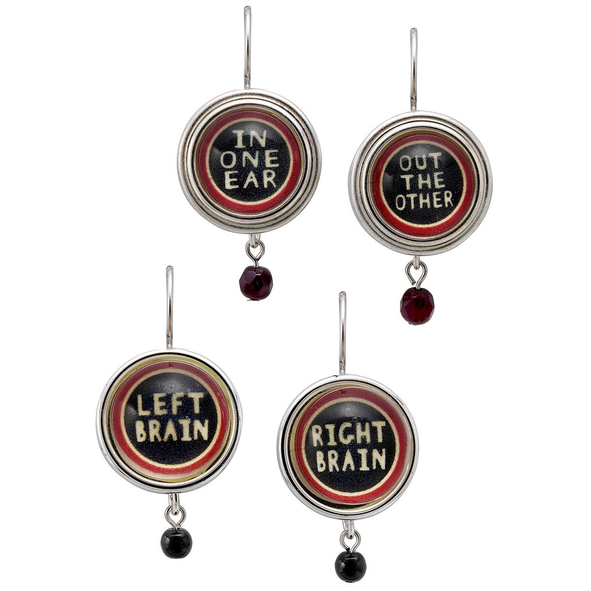 Playful Word Earrings Left & Right Brain, In One Ear, Out The Other