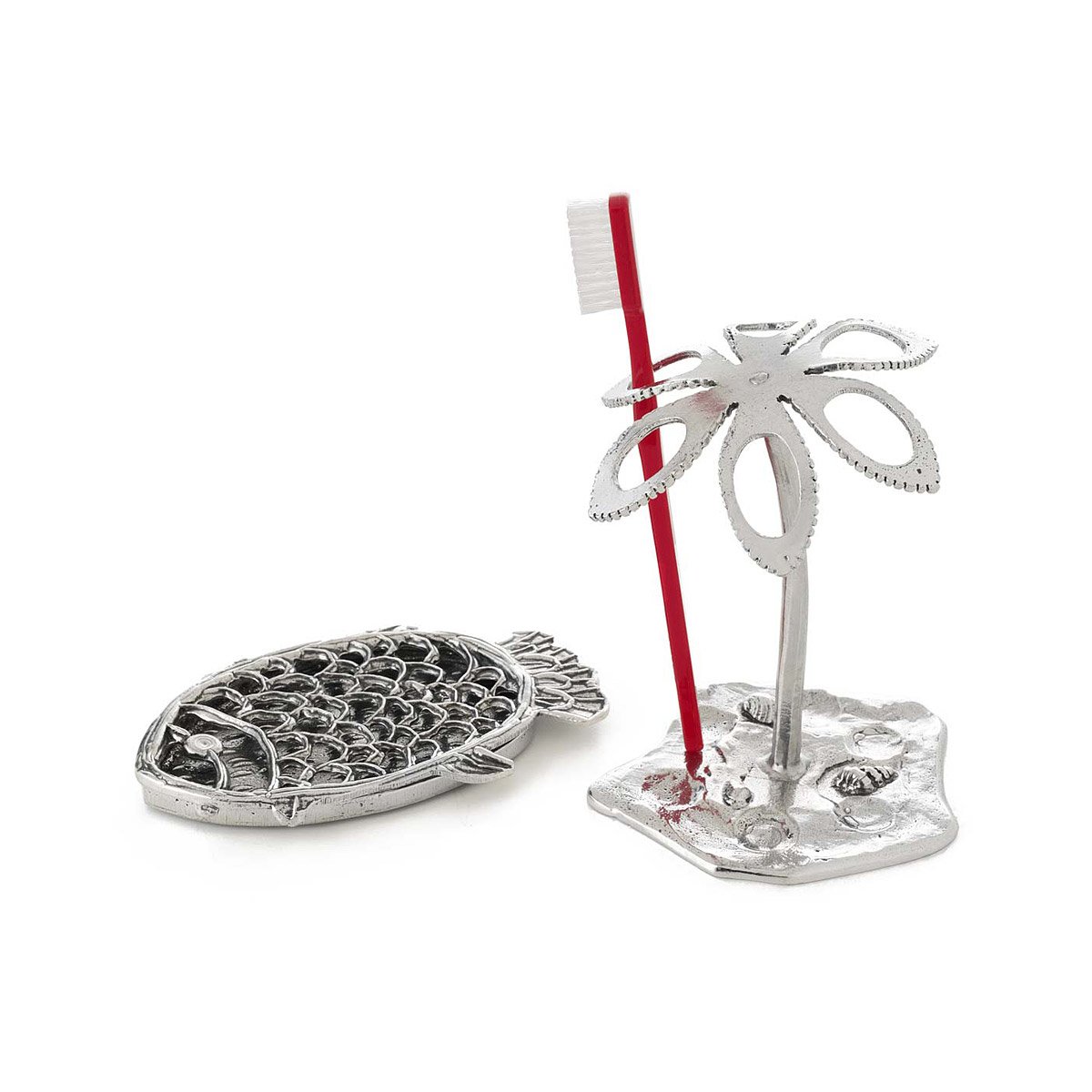Beach Toothbrush Holder & Soap Dish Pewter Tropical Coconut Tree