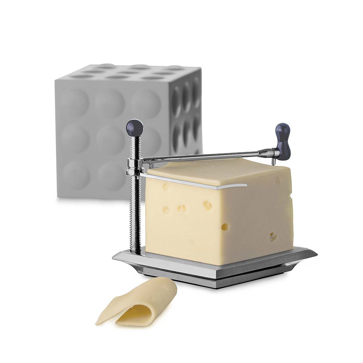 Cheese Slicer with Grey Cap Cheeses Sliced With Crank Cheese Slicer, Gray Dimpled, Swiss