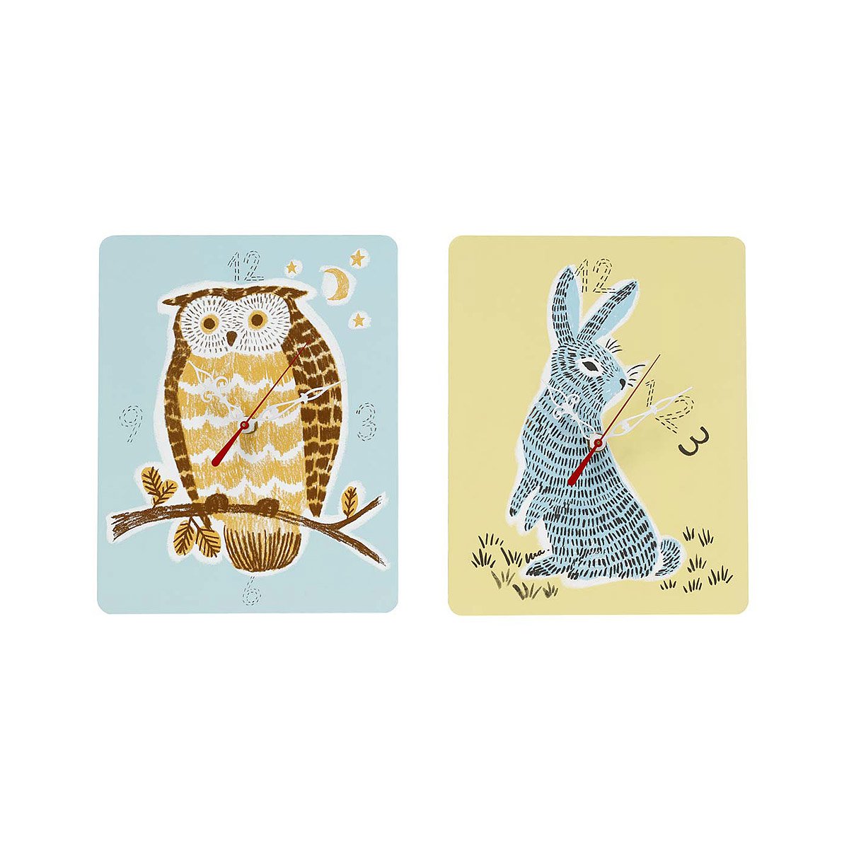 Night Owl & Counting Bunny Clocks Owls, Bunnies, Yellow, Blue, Pastel, Clock, Kids