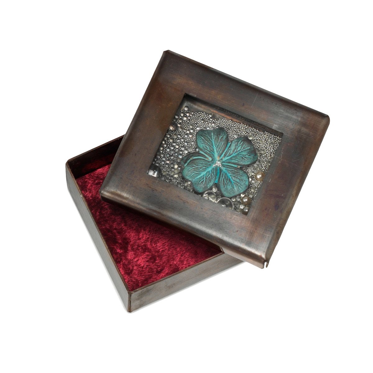 Luck Copper Reliquary Box Hearts, Clover, Shamrock, Beads, Metal, Box