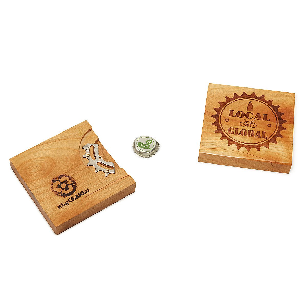 Reclaimed Bike Gear & Wood Bottle Opener Coaster Recycled Bike Gear