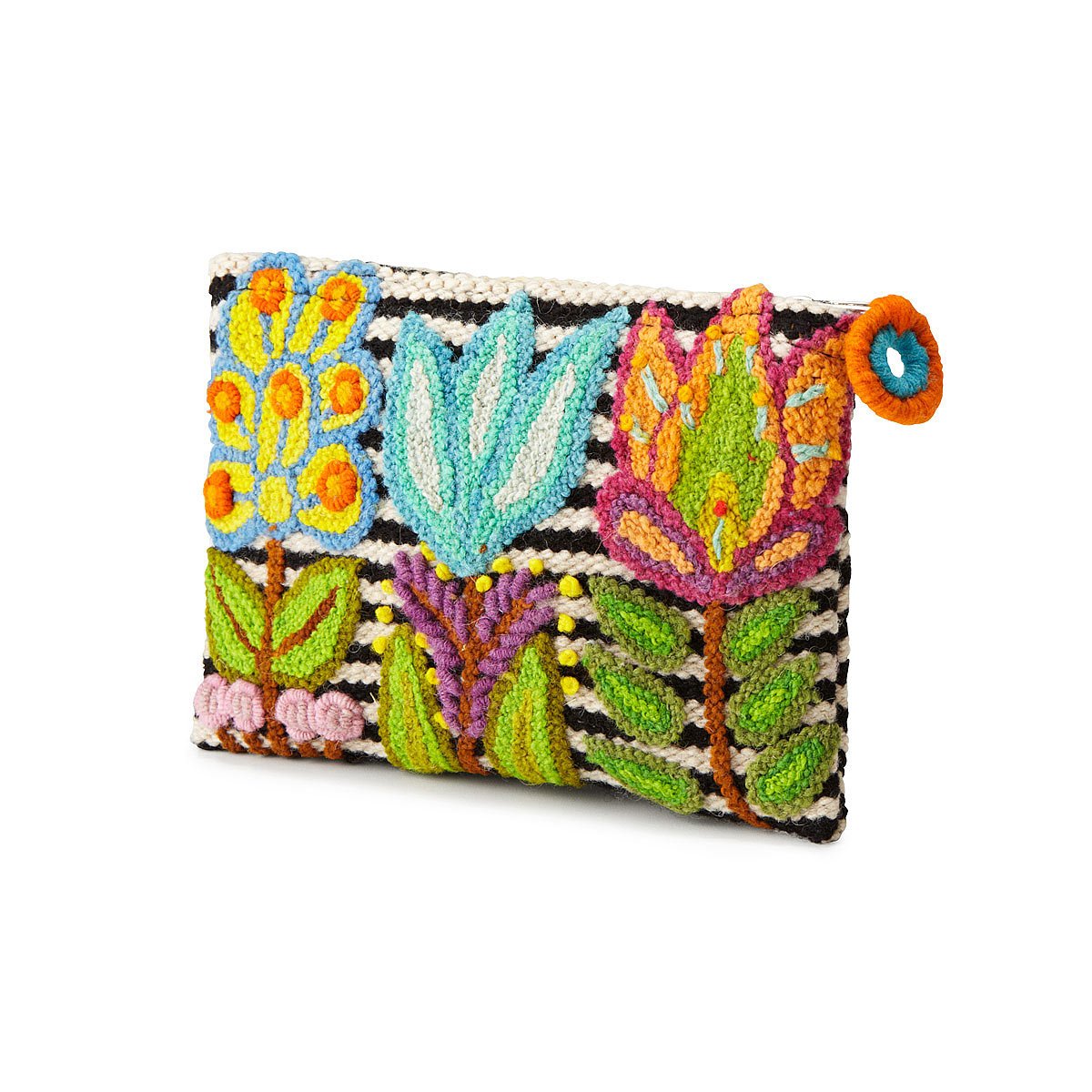 Embroidered Floral Striped Pouch handmade pouch, makeup bag, Peru