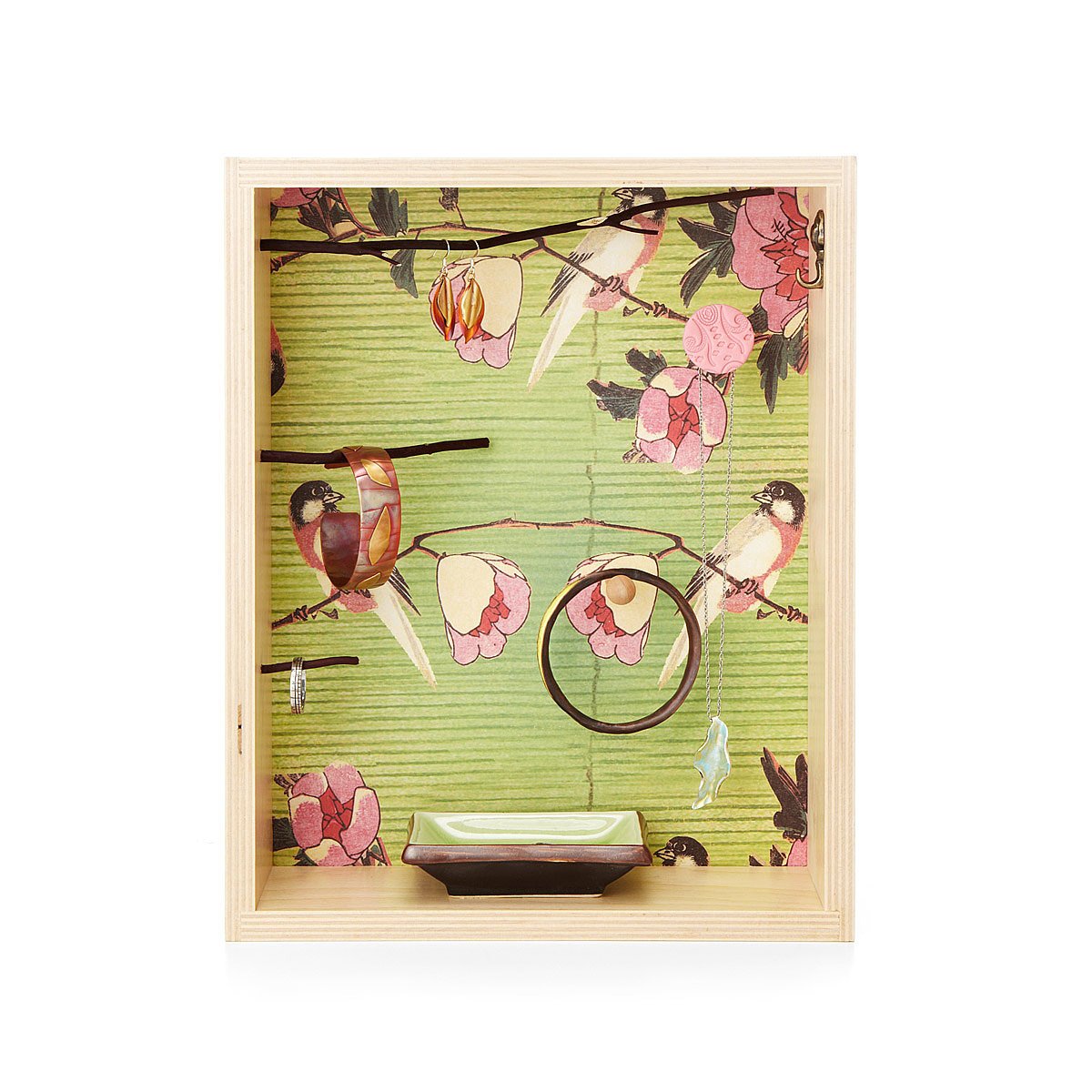 Birds on Green Jewelry Box jewelry display, hand painted wood