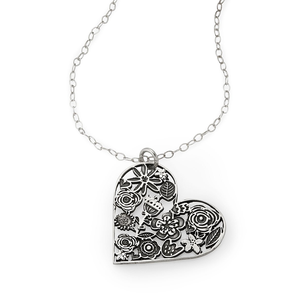 Floral Heart Cutout Necklace Heart Necklace, Sterling Silver