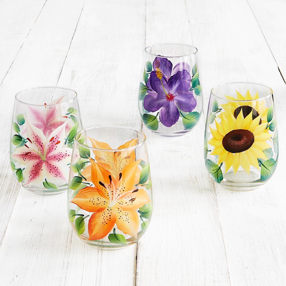 Floral Glasses Set of 4 Handpainted Wine Glasses