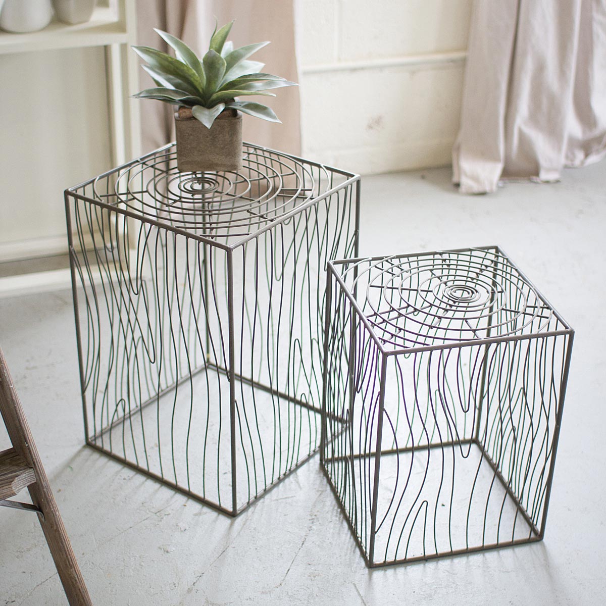 Nesting Wire Wood Grain Accent Tables Set of 2 Accent Tables, Plant
