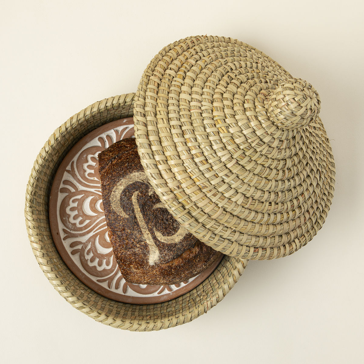Traditional Bread Warming Set Terracotta Stone and Handwoven Basket