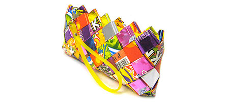 RECYCLED CANDY WRAPPER CLUTCH PURSE | Wristlet Bag Of Bright Criss-Crossed Wrappers From Candies | UncommonGoods :  uncommon goods handmade environmentally friendly bright