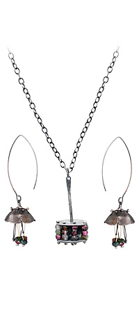 TOURMALINE SCULPTURED JEWELRY | Multi-Colored Stones In Rustic Metal Movable Pendant And Earrings | UncommonGoods from uncommongoods.com