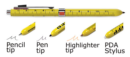 4 FUNCTION RULER PEN | Ruler Pen Includes Orange Highlighter, Black Ballpoint Pen, Pencil, Eraser, PDA Stylus All In One Yellow Ruler Pens, Innovative, Smart, Simple | UncommonGoods