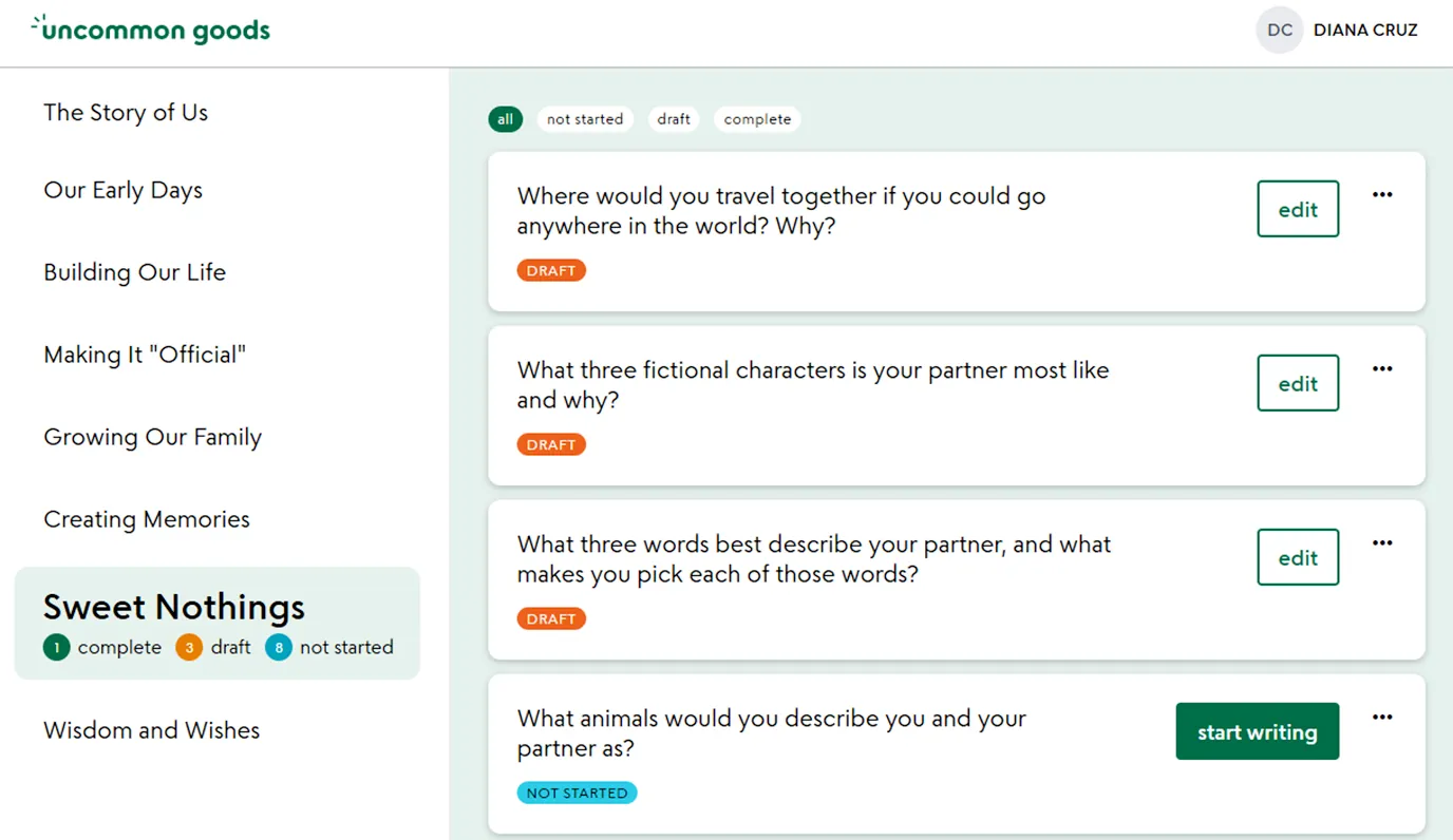 A laptop screen displays 'The Story of Us' online writing portal, featuring sections and personal prompts.