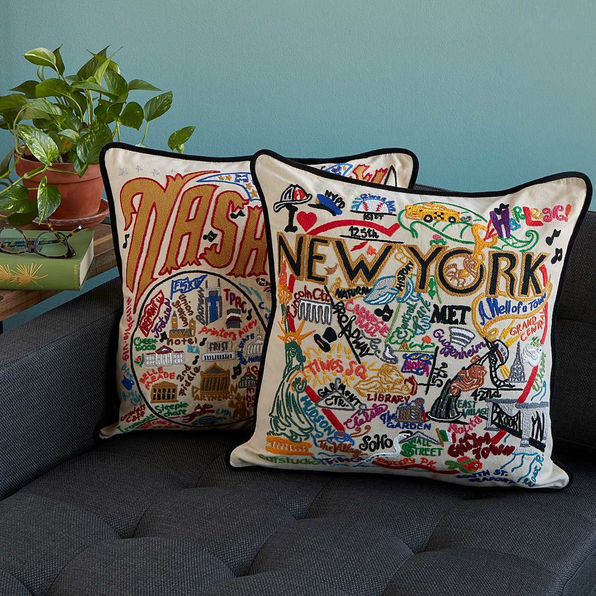 Hand Embroidered City Pillows Hand Embroidered City Pillows