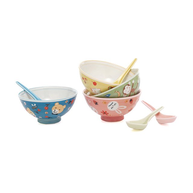 Children's Rice Bowls Set of 4 Cute, Animal Print, Pastel Ceramic