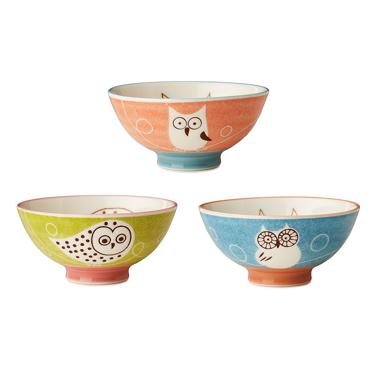 Owl Bowls Set of 3 Ceramic Bowls, Bird Illustrations, Playful