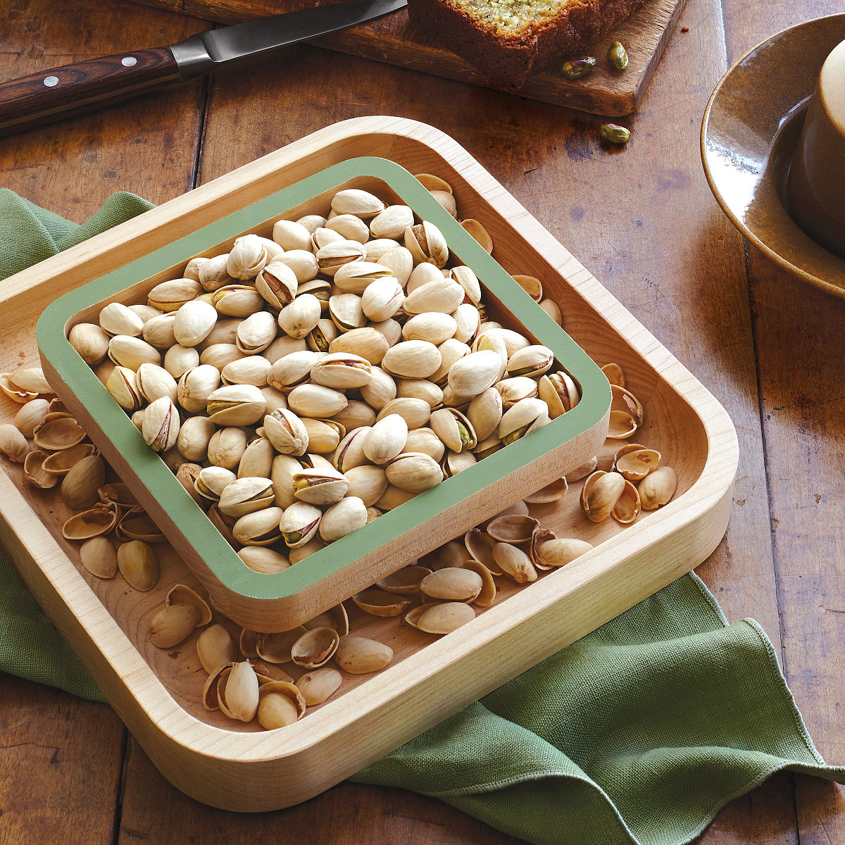 Pistachio Pedestal nut bowl, shelled pistachios