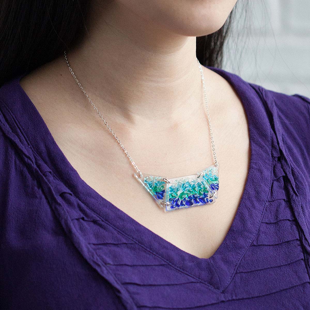 Shattered glass bib necklace glass jewelry, etta kostick, chicago