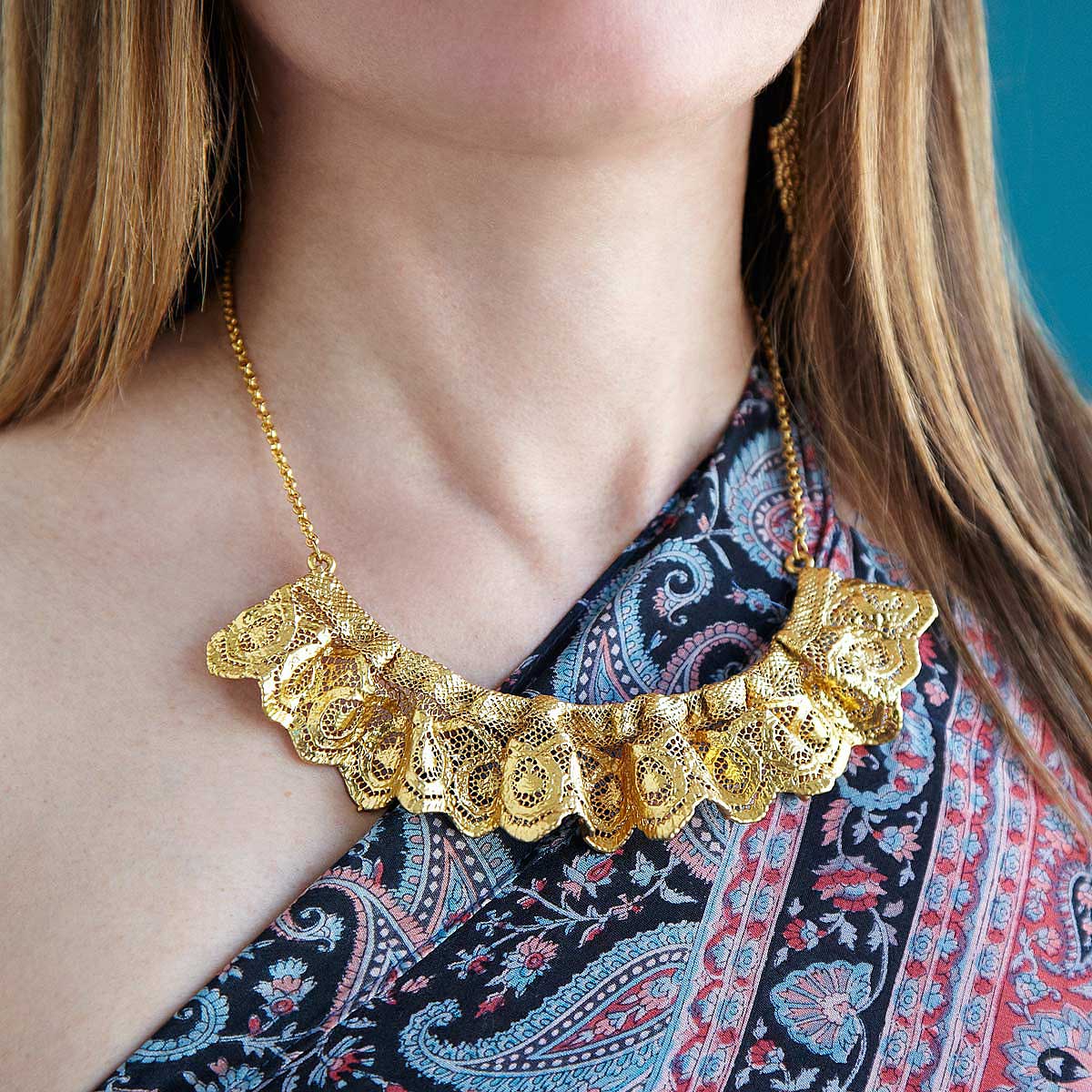 Ruffled Gold Dipped Lace Statement Necklace gilded lace jewelry