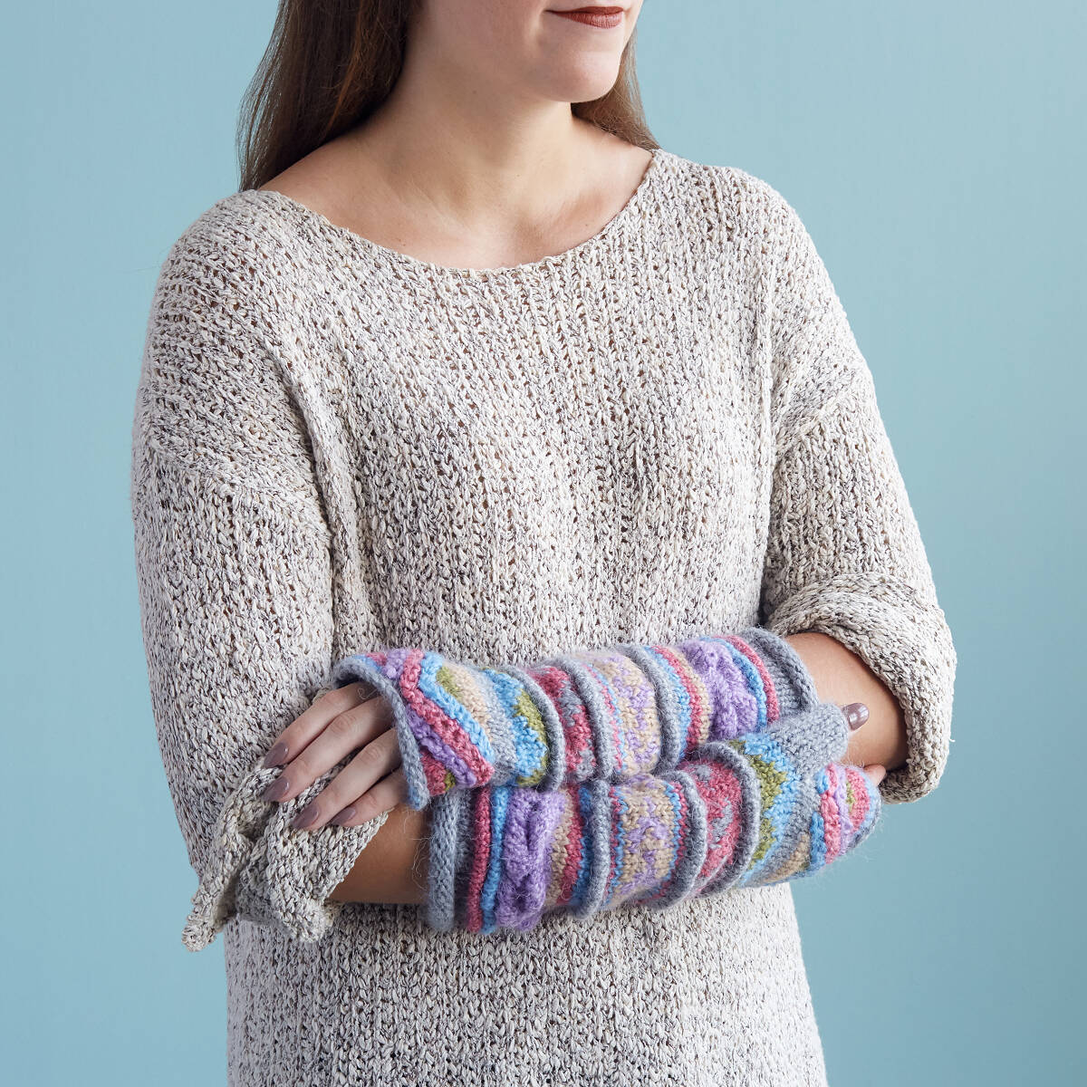 Handknit Long Arm Warmers Multi Pastel Arm Sleeves, Fingerless Arm